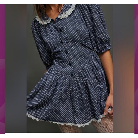 Free People Need to Know Romantic Femme Cottagecore Mini Dress in Blue Size 8 - Picture 3 of 4